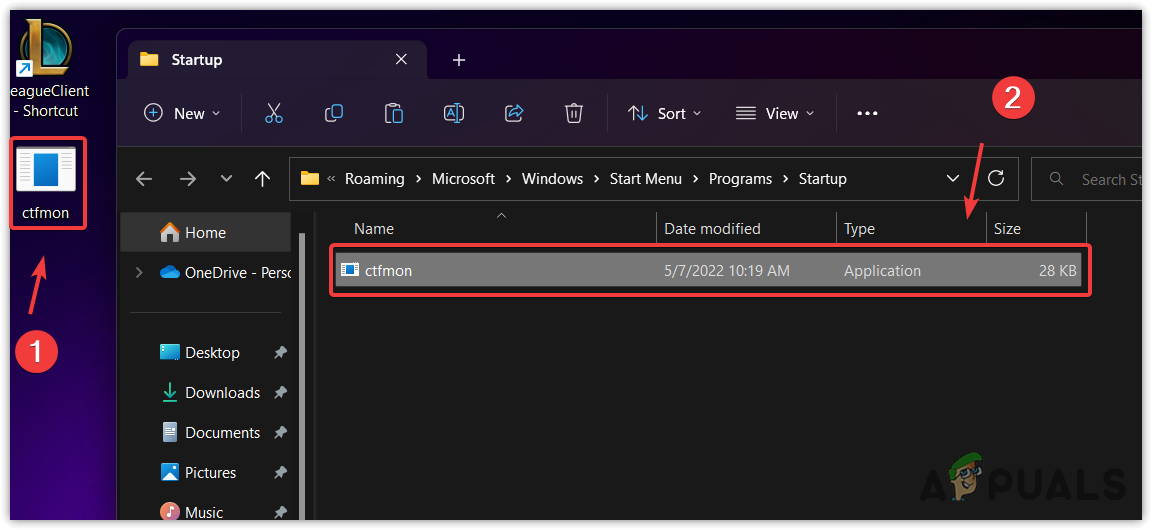 Dragging ctfmon.exe to the startup programs folder