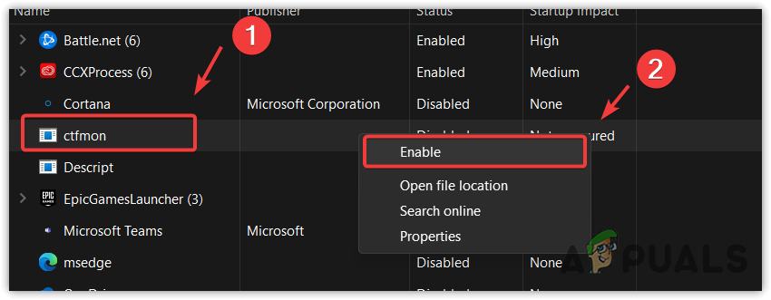 Enabling Ctfmon or CTF Loader from the startup