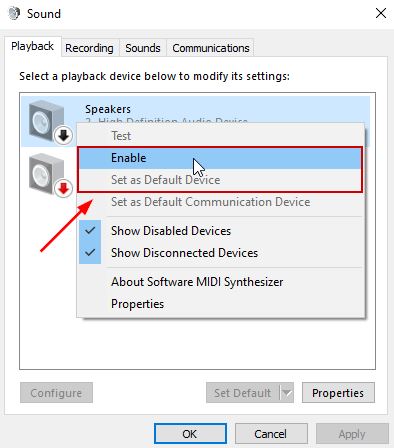 Enabling speakers in Windows