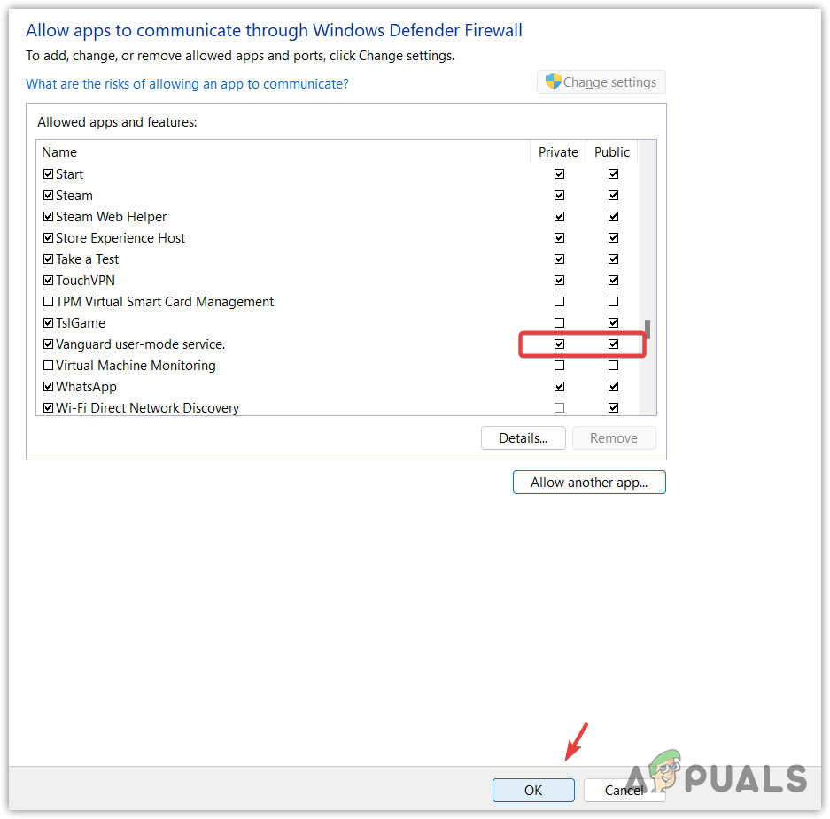 Ensuring Vanguard has allowed from Private and Public network