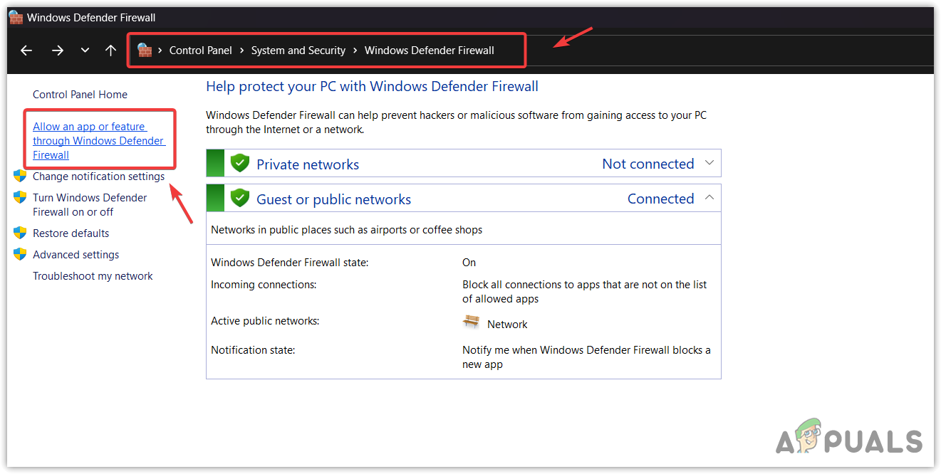 Navigating to Allowed apps and features