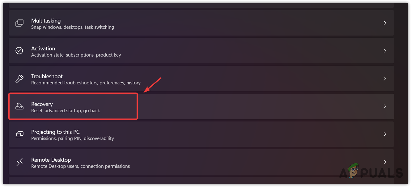 Navigating to Recovery settings