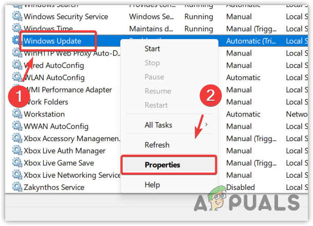 Opening Windows update service properties