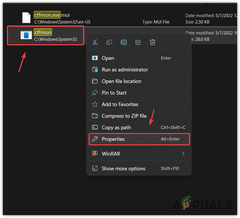 Opening ctfmon file properties