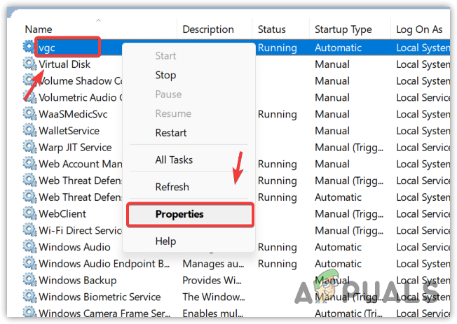 Opening vgc service properties