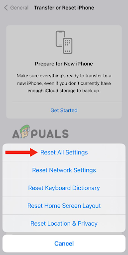 Choosing the Reset All Settings options