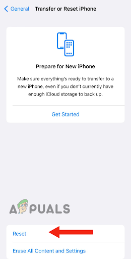 Tapping on Reset option