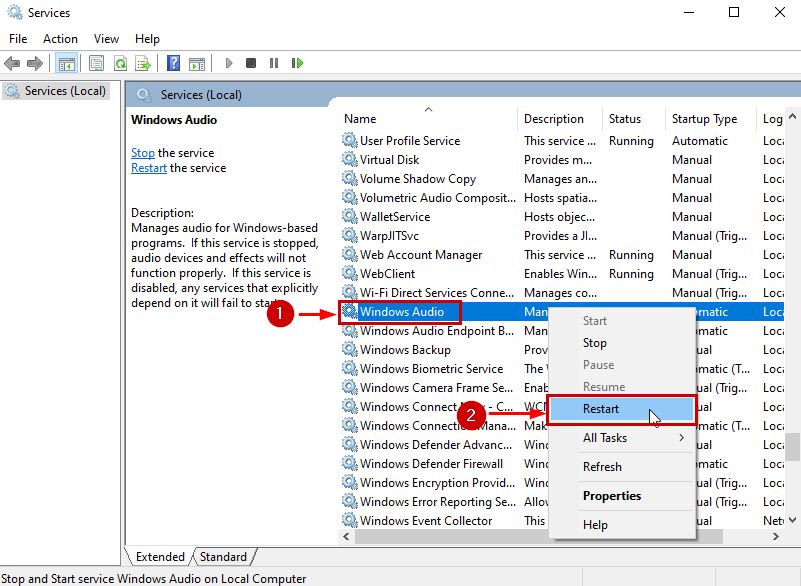 Restarting Windows Audio service