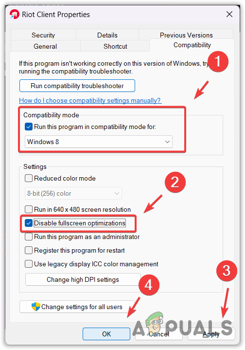 Running Riot Client with old version of Windows and disabling full screen optimization
