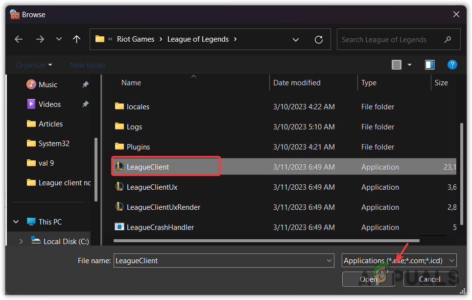 Selecting League Client to add it to firewall settings