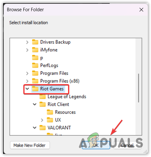 Selecting Riot Games folder to install Riot Client