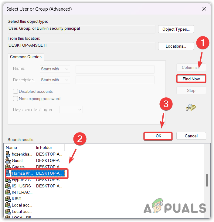 Selecting user account from the result