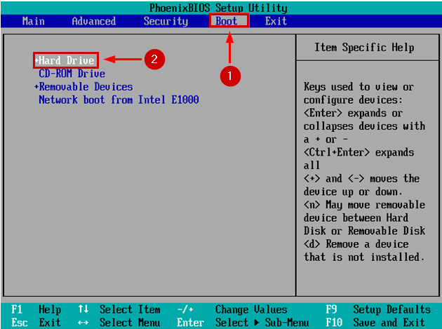 Setting Hard drive as the primary boot option in BIOS