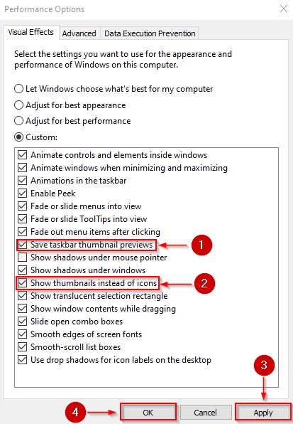 Changing Thumbnail settings in Performance Options