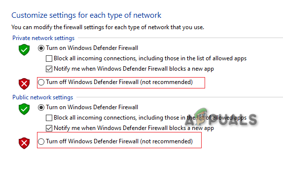 Turning off Windows Defender Firewall