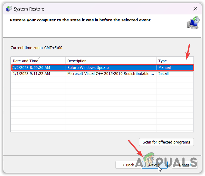 Using a system restore point