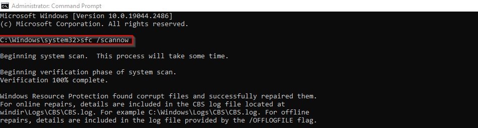 Executing the command for SFC Scan