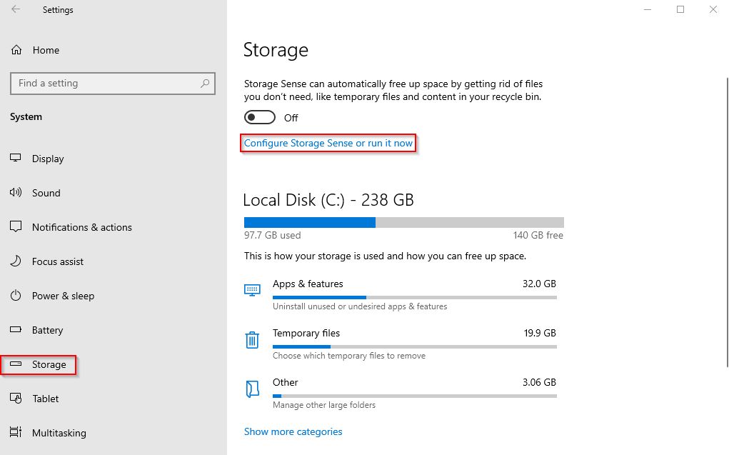 Accessing WIndows storage settings