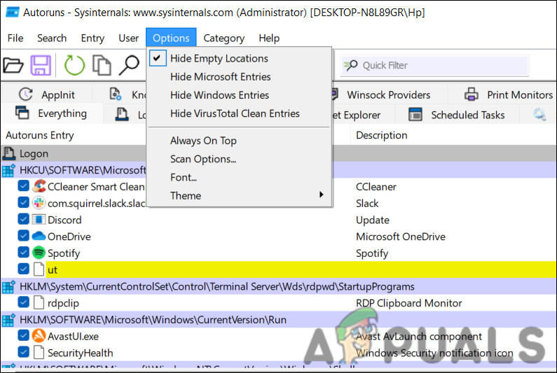 Autoruns Options menu