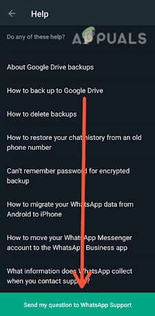 Tapping on Send my Question to WhatsApp Support