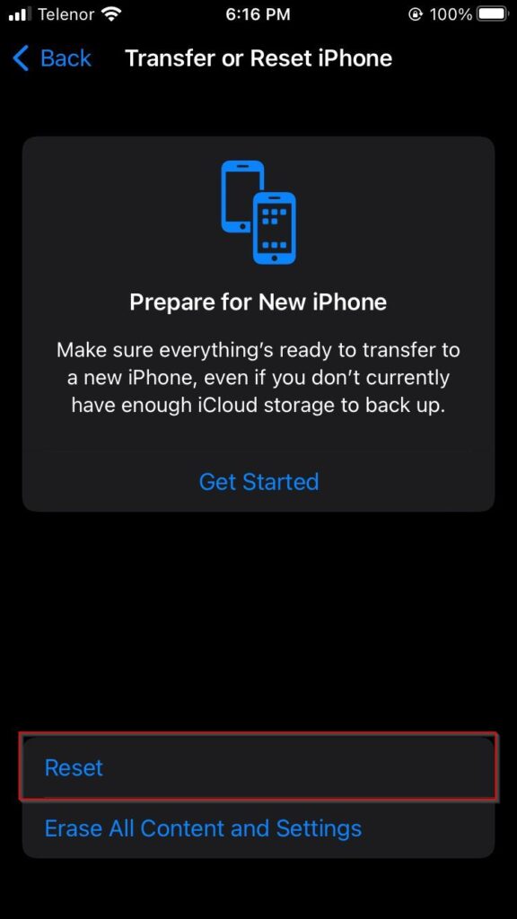 Reset option in iPhone