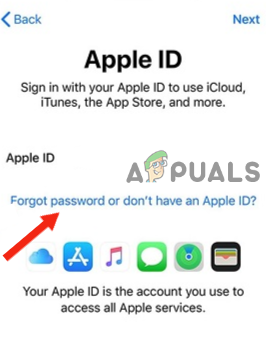Tapping on&nbsp;Forgot&nbsp;password&nbsp;or&nbsp;Don’t&nbsp;have&nbsp;an Apple&nbsp;ID? option