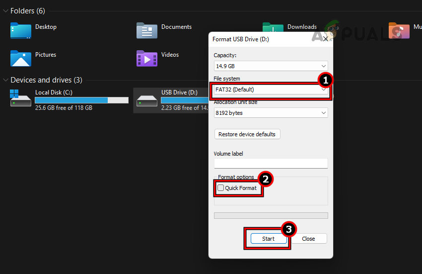 Set the File System to FAT32 (Default), Uncheck Quick Format, and Click on Start