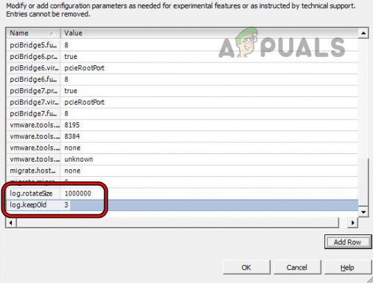 Delete Rotatesize and Keep Old Log Configuration from the VMX File of the VM