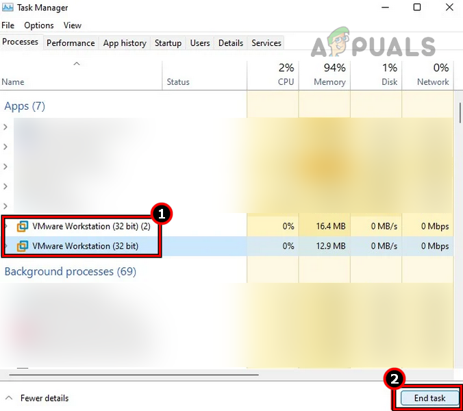 End VMware Processes in the System's Task Manager