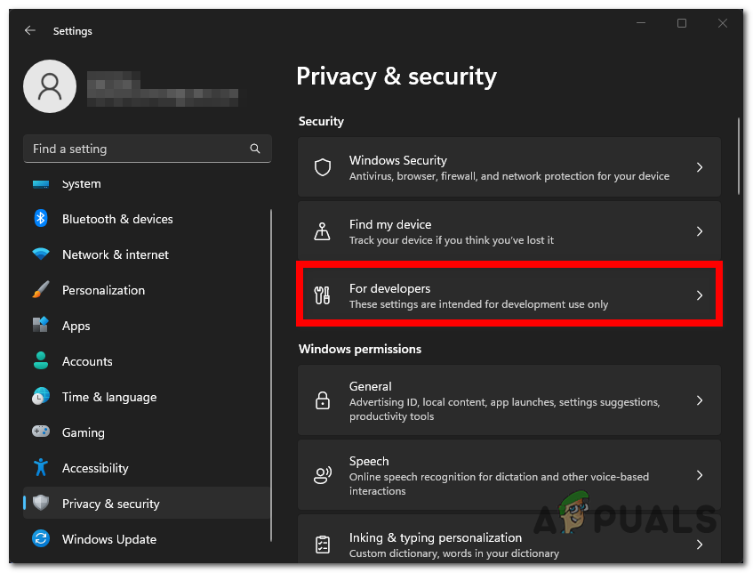 Selecting the For developers button
