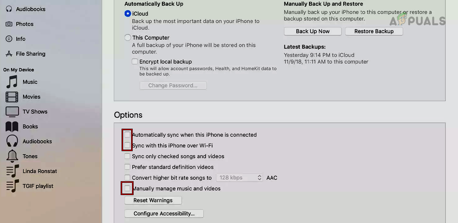Disable Sync with this iPhone over Wi-Fi, Automatically Sync When This iPhone is Connected, and Manually Manage Music and Videos in iTunes