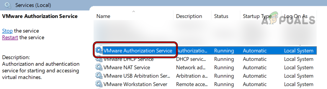 Open VMAuthorization Service in Windows Services