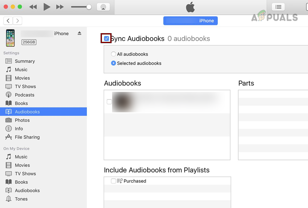 Uncheck Sync Audiobooks in iTunes Sync Settings
