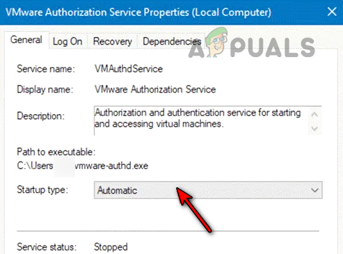 Set the Startup Type of VMware Authorization Service to Automatic