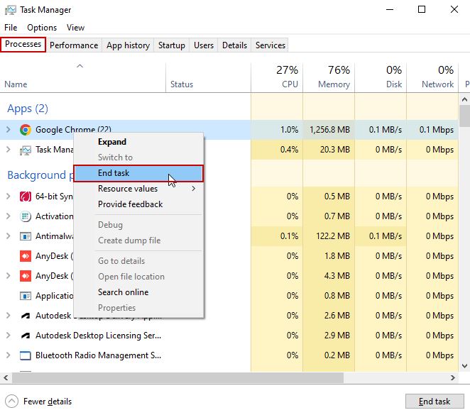Ending tasks in Task Manager