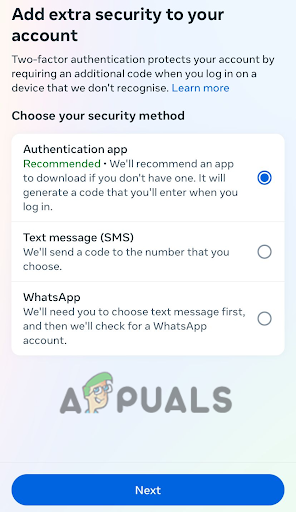 Select your security method, then tap on Next