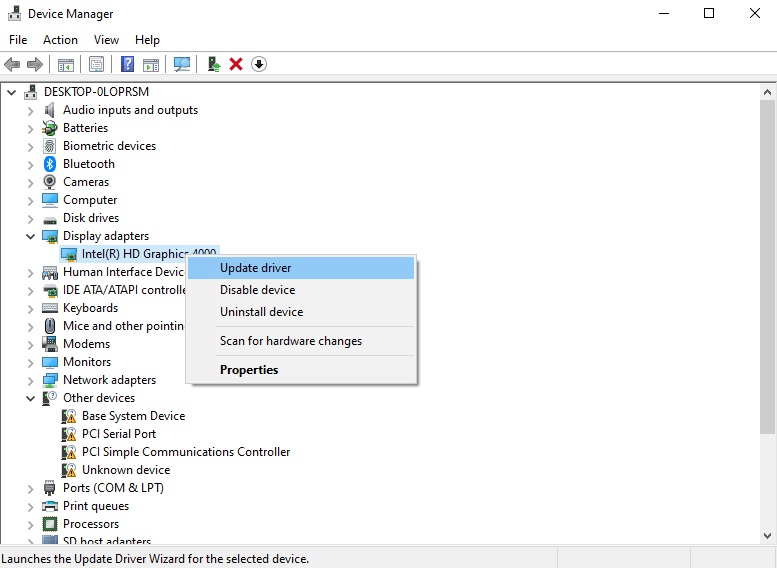 Updating graphic drivers in Windows