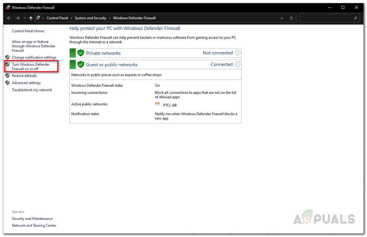 Navigating to Turn off Firewall Page