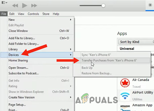 Click on Devices and Transfer Purchases from (device name)