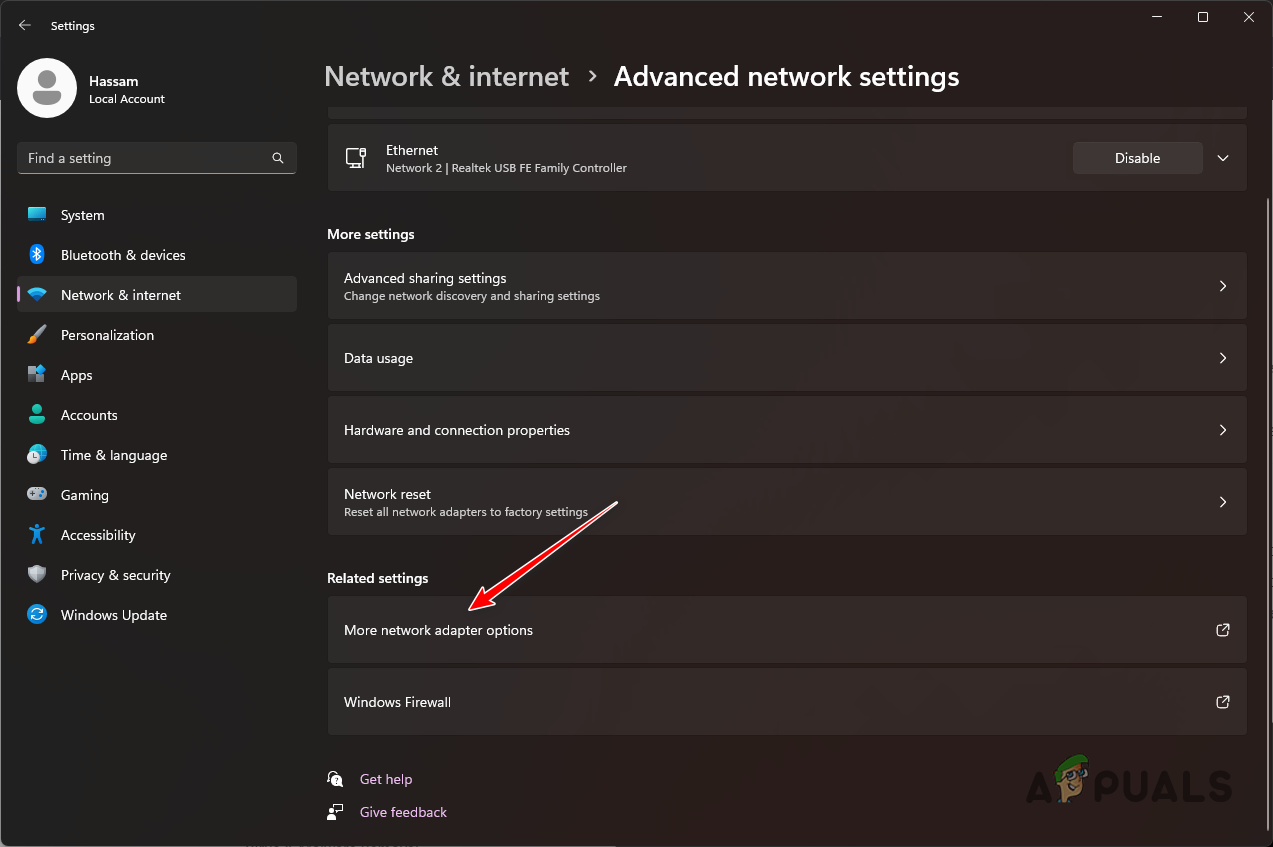 Navigating to More Network Adapter Options
