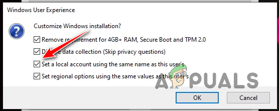 Deselecting Create Local Account Option