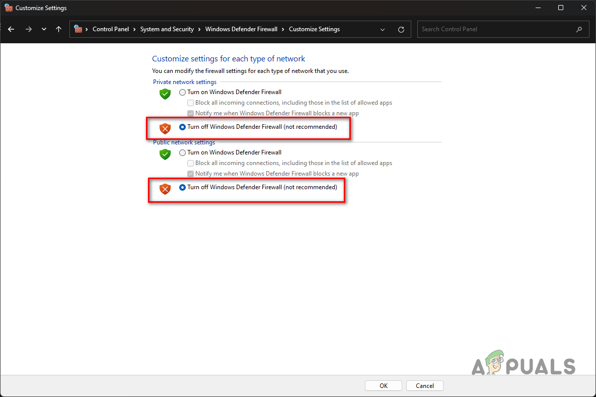 Disabling Windows Defender Firewall
