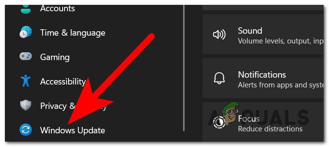 Selecting the Windows Update section