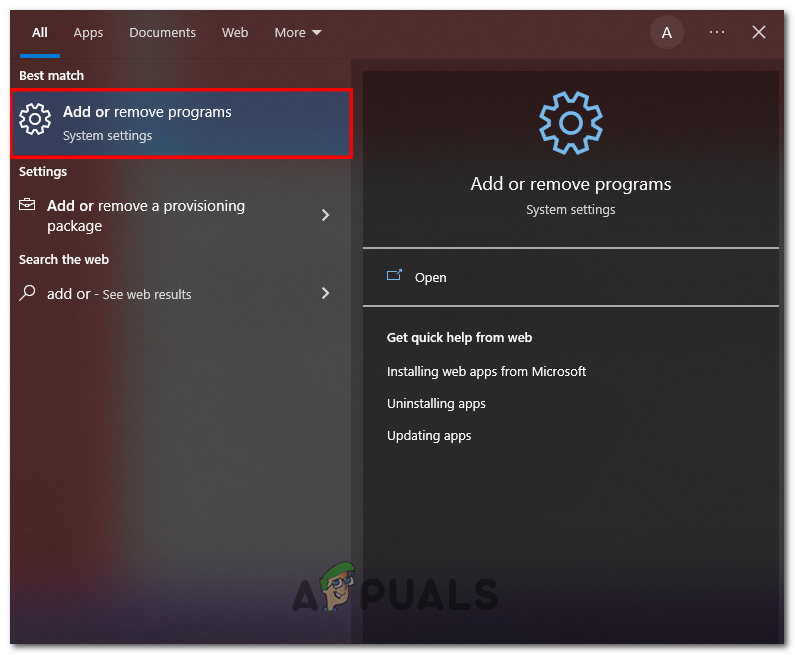 Opening the Add or remove program window 