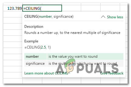 The CEILING function in Excel.