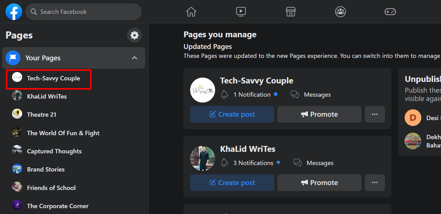 Choose the Facebook page you want to delete