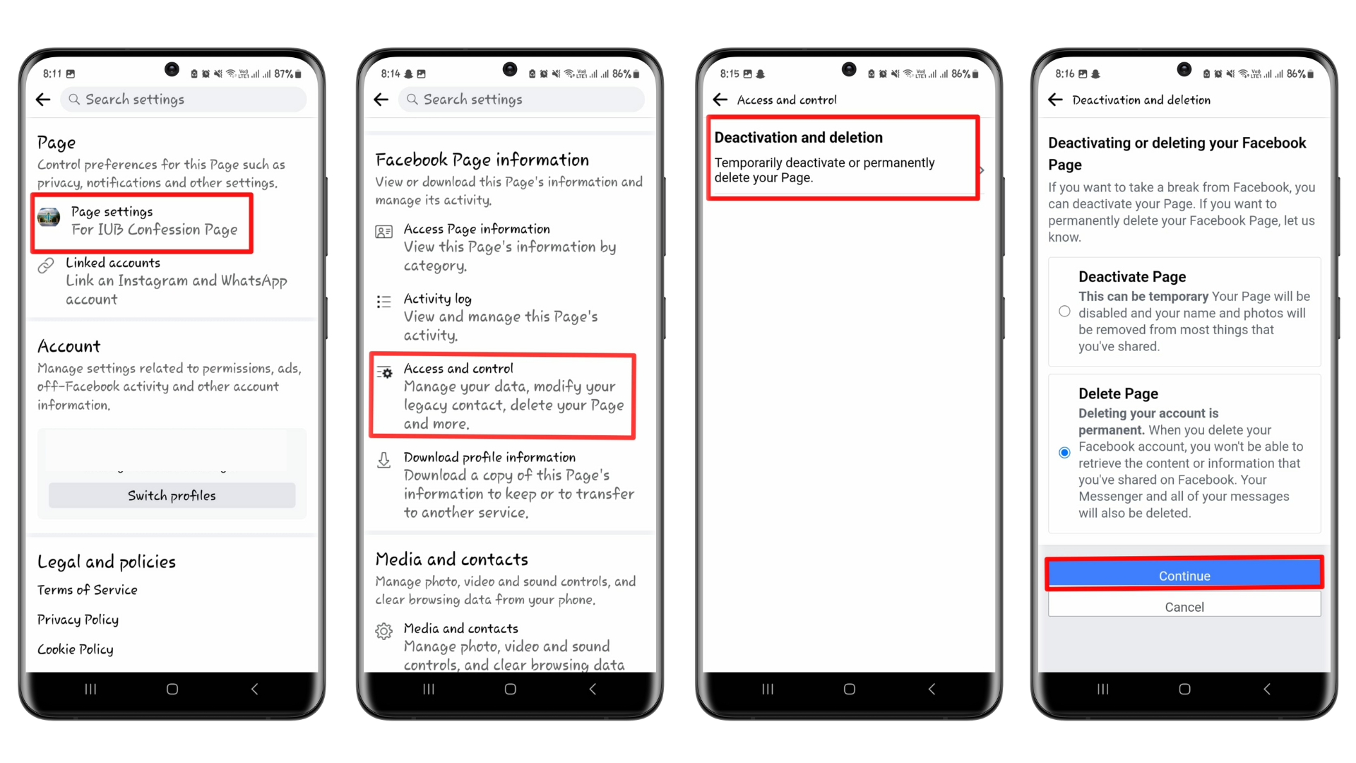 Delete Facebook page from mobile app 
