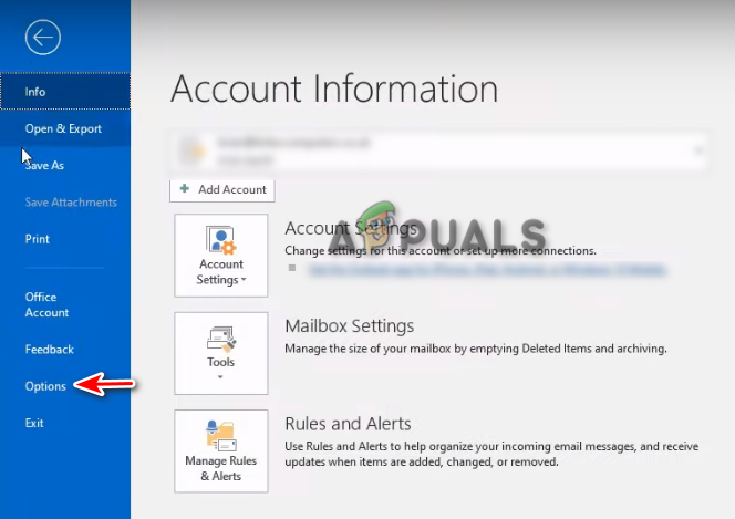 Opening the Outlook options