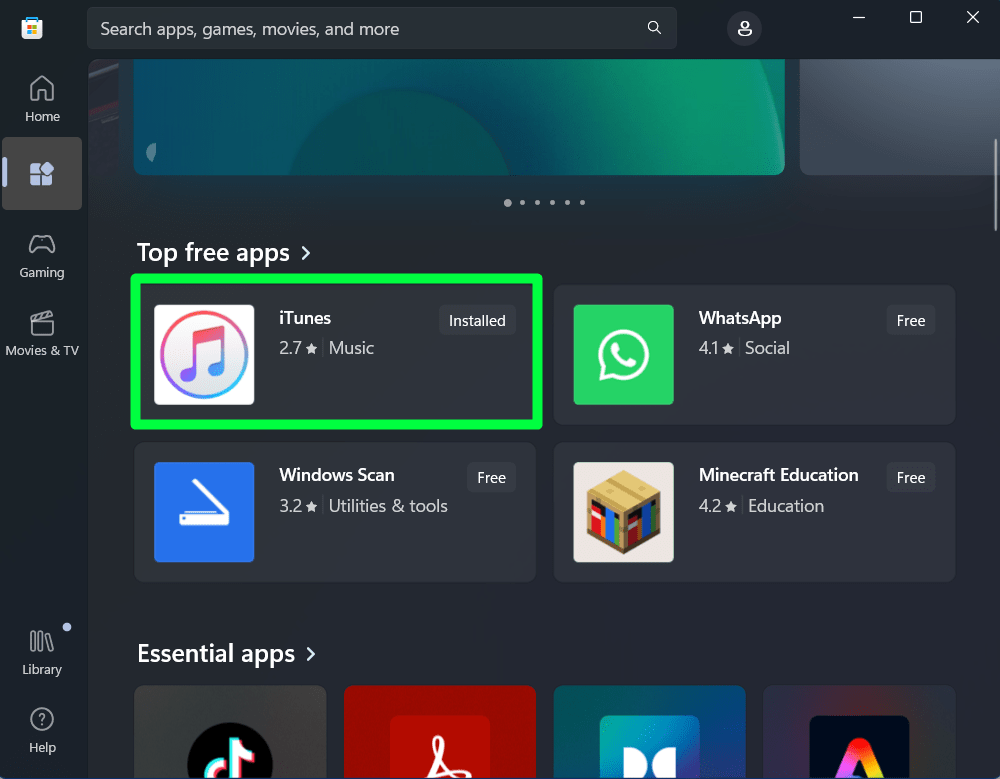 iTunes Status in Microsoft Store