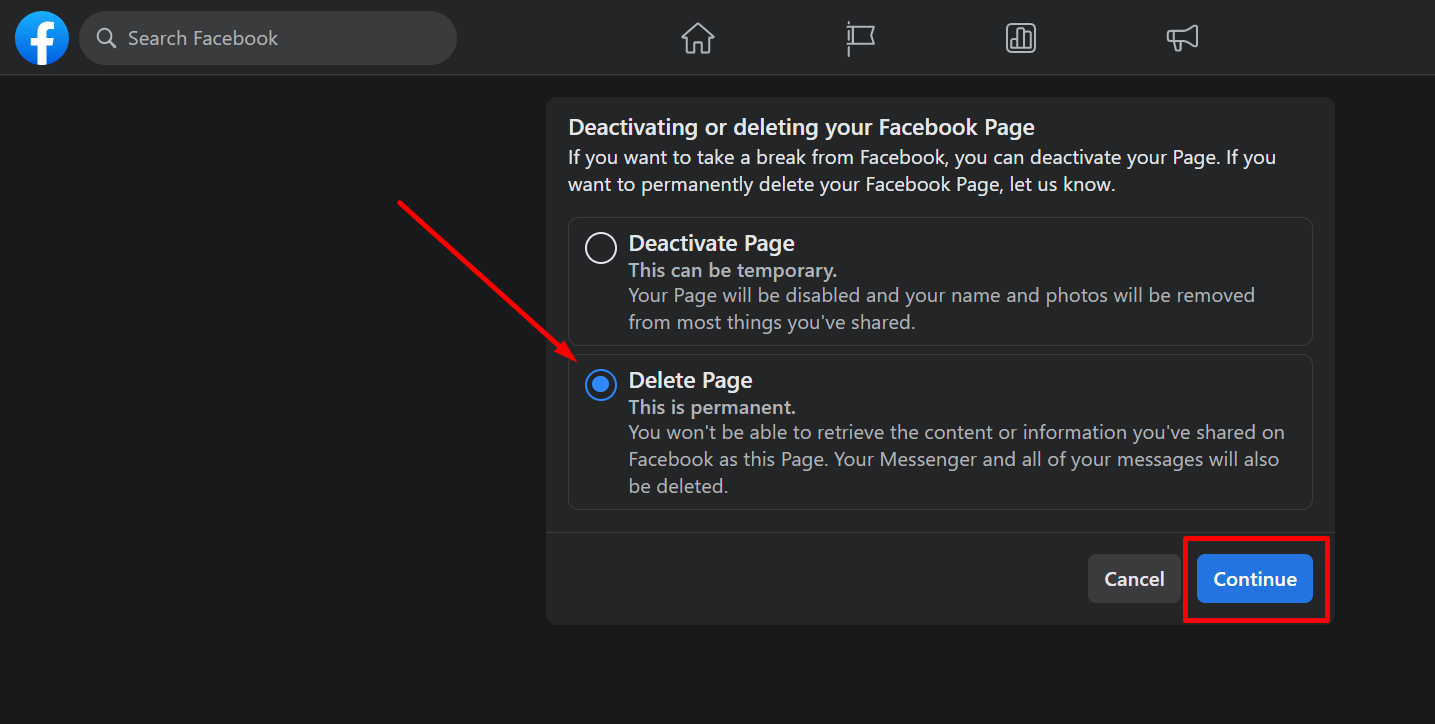 Select Delete page and click Continue